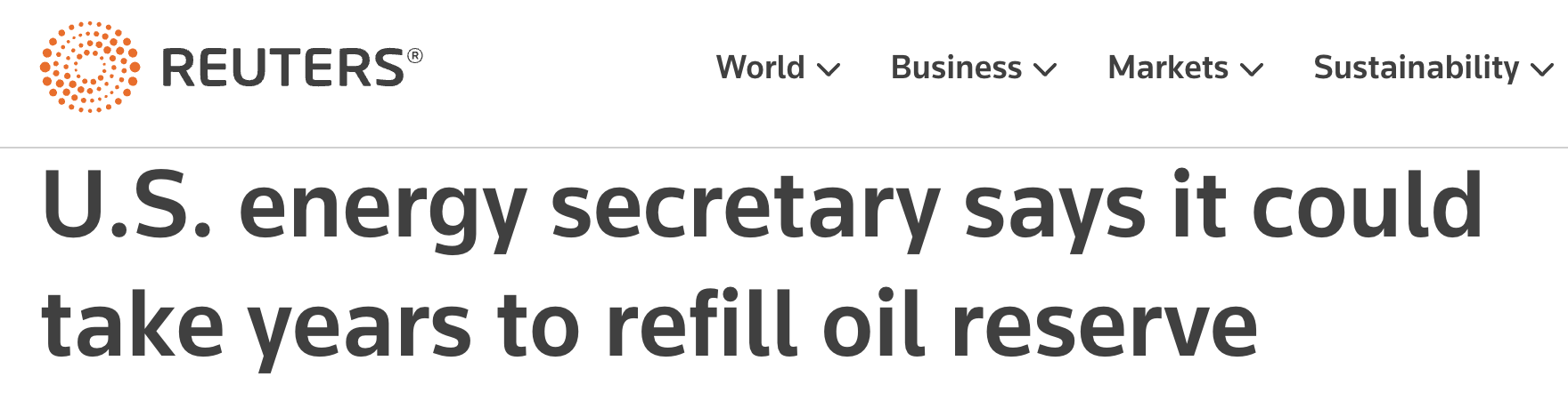 Reuters headline on US refilling oil reserves