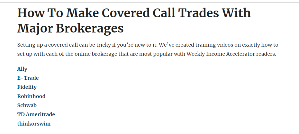 Screenshot showing all the different brokerages and how to set up covered calls.