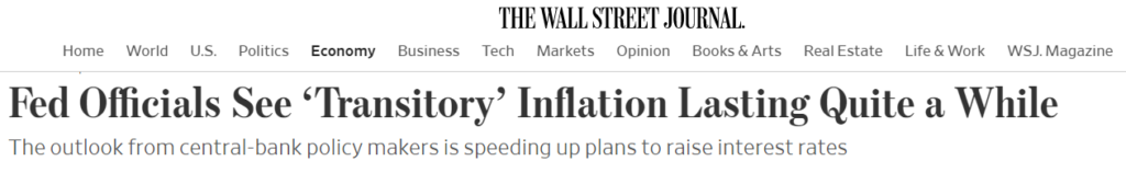 Headline from the WSJ saying "Fed Officials see 'Transitory' Inflation Lasting Quite a While"