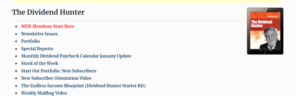 Screenshot of the members portal for The Dividend Hunter.