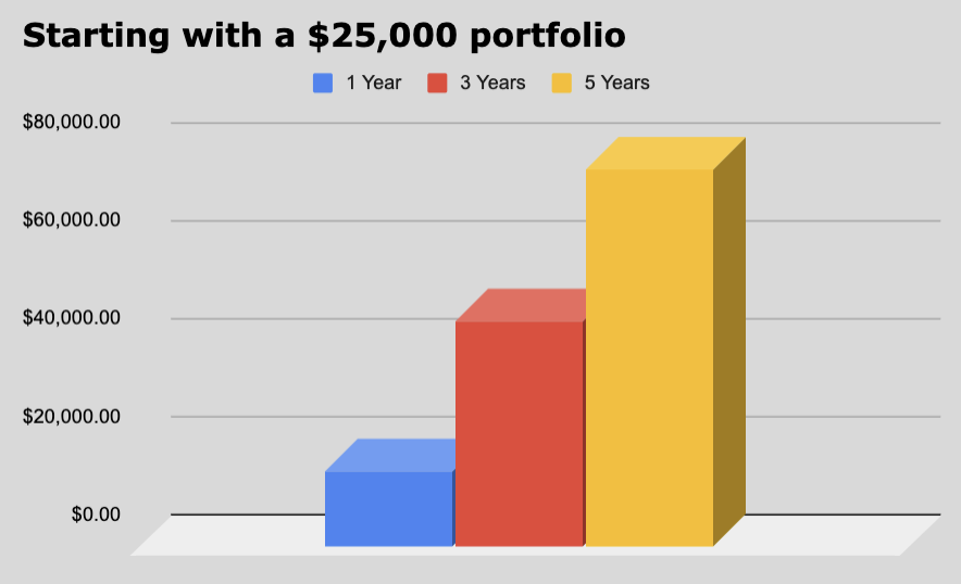 Graph showing potential returns if your portfolio value begins at $25,000.