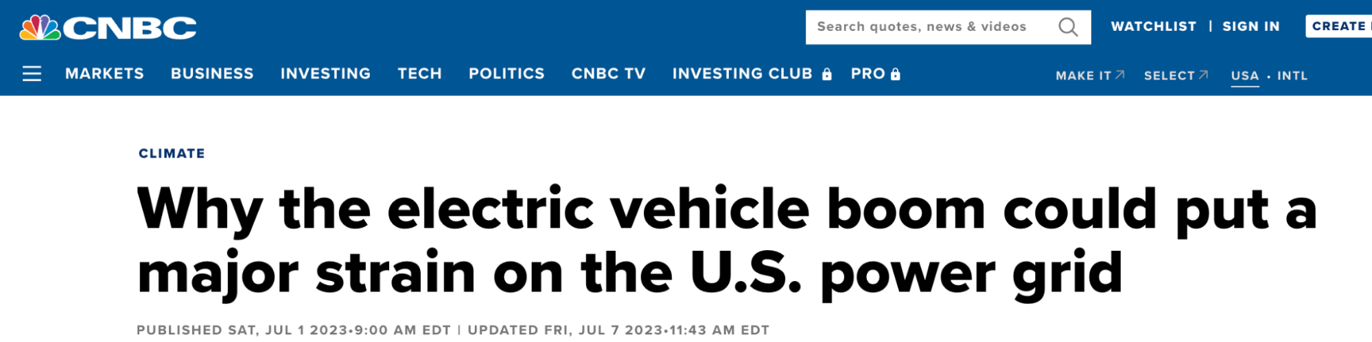 CNBC headline on electric vehicles 