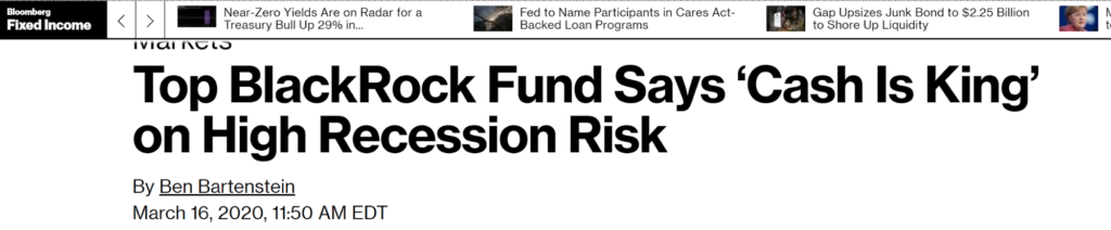 Headline showing how someone from Blackrock said "Cash is king."