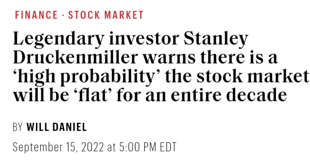 Headline saying "Legendary investor Stanley Druckenmiller warns there is a 'high probability' the stock market will be 'flat' for an entire decade.