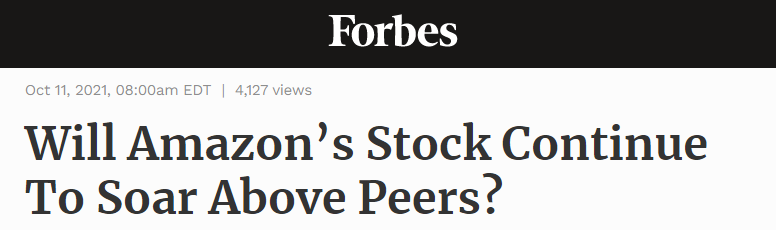 Forbes headline that says "Will Amazon's Stock Continue To Soar Above Peers"