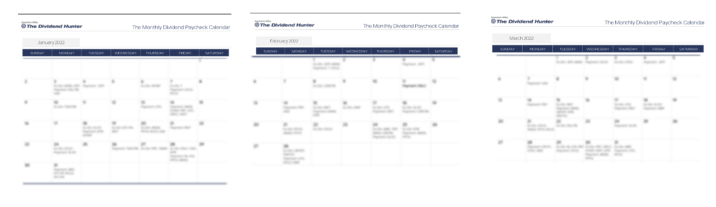 Blurred image of first 3 months of dividend calendar. Part 1