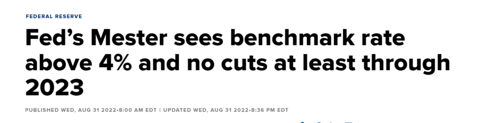Headline saying "Fed's Mester sees benchmark rate above 4% and no cuts at least through 2023.