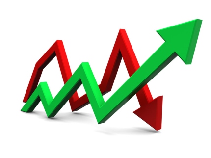 3D illustration of a business graph showing a green upward arrow and a red downward arrow to evoke the concept of stock markets going up and down.