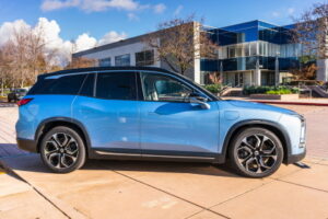 Dec 14, 2019 San Jose / CA / USA - NIO ES8 electric SUV displayed in front of NIO headquarters; NIO is a Chinese automobile manufacturer specializing in developing electric autonomous vehicles