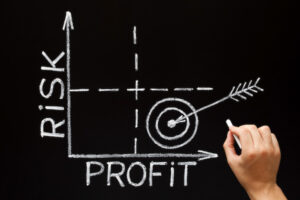 Hand drawing low Risk high Profit or reward matrix business graph concept with white chalk on blackboard.