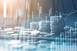 Financial stock market graph and rows of coins growth, abstract and symbol for finance concept, business investment and currency exchange, on blue background.