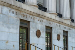 WASHINGTON, DC – MAY 15, 2018: Treasury Building entrance, headquarters of United States Department of the Treasury